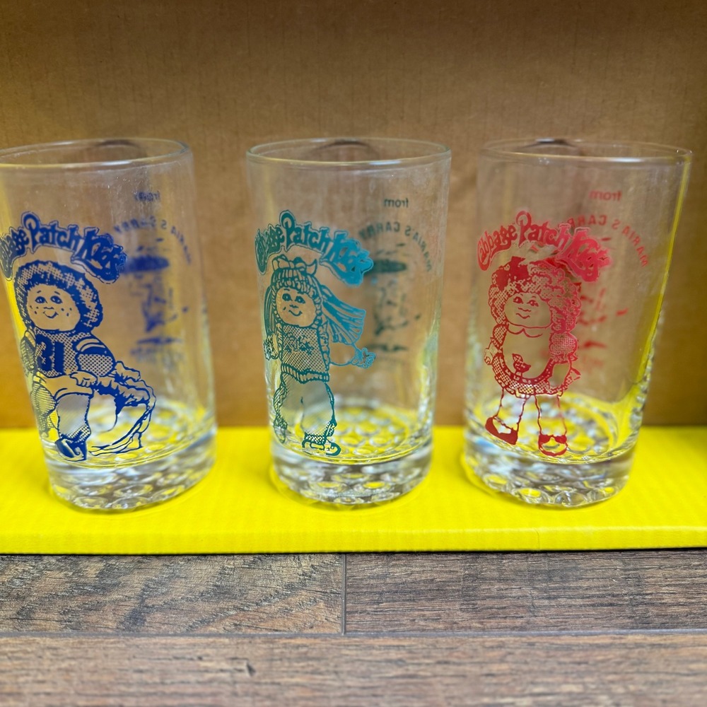 Vintage Cabbage Patch Kids Maria's Carry‎ Out Glasses Set of 3 Bubble Base